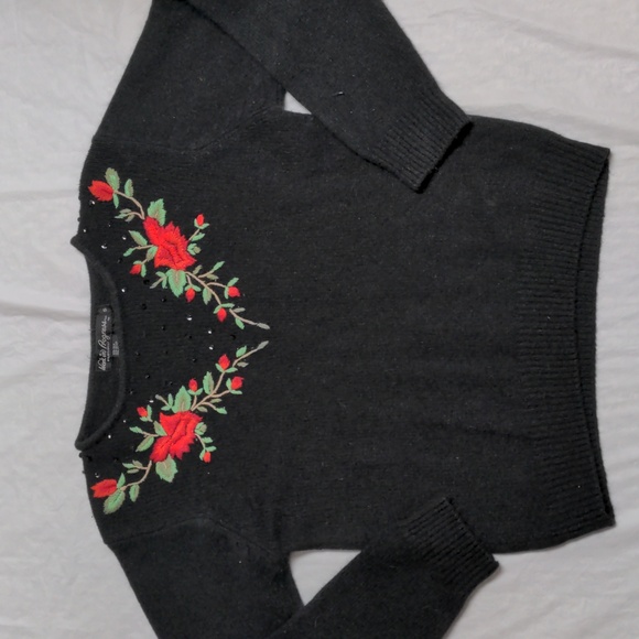 Vintage 90s Black Angora Silk Wool Floral Embroidered Whimsygoth Sweater Size S - Picture 1 of 5